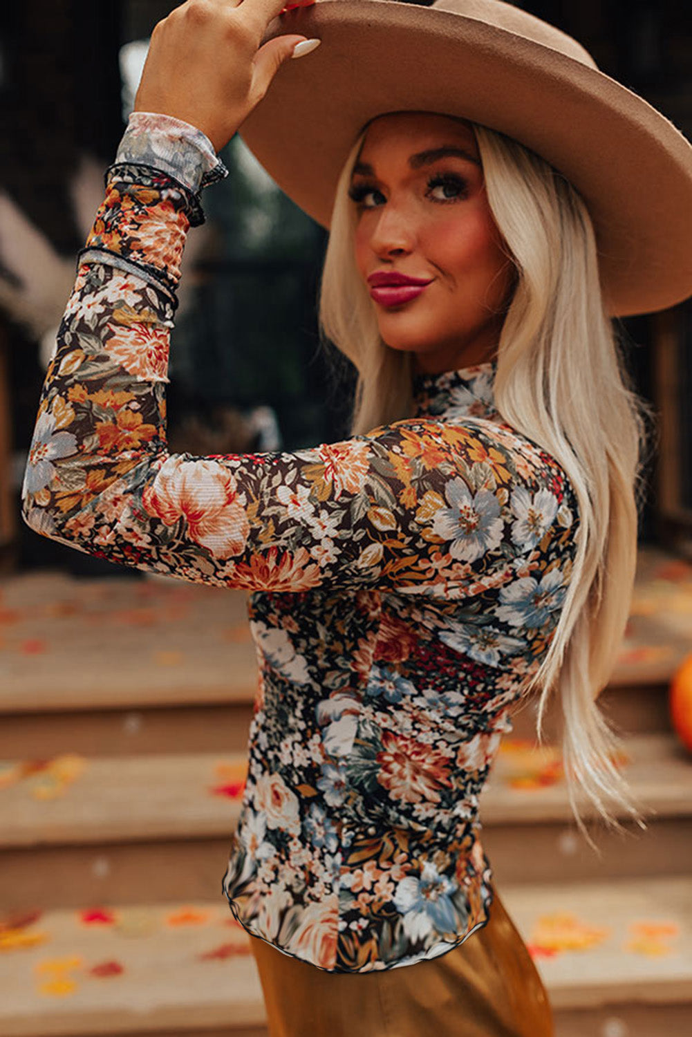 Brown Floral Long Sleeve Mesh Blouse