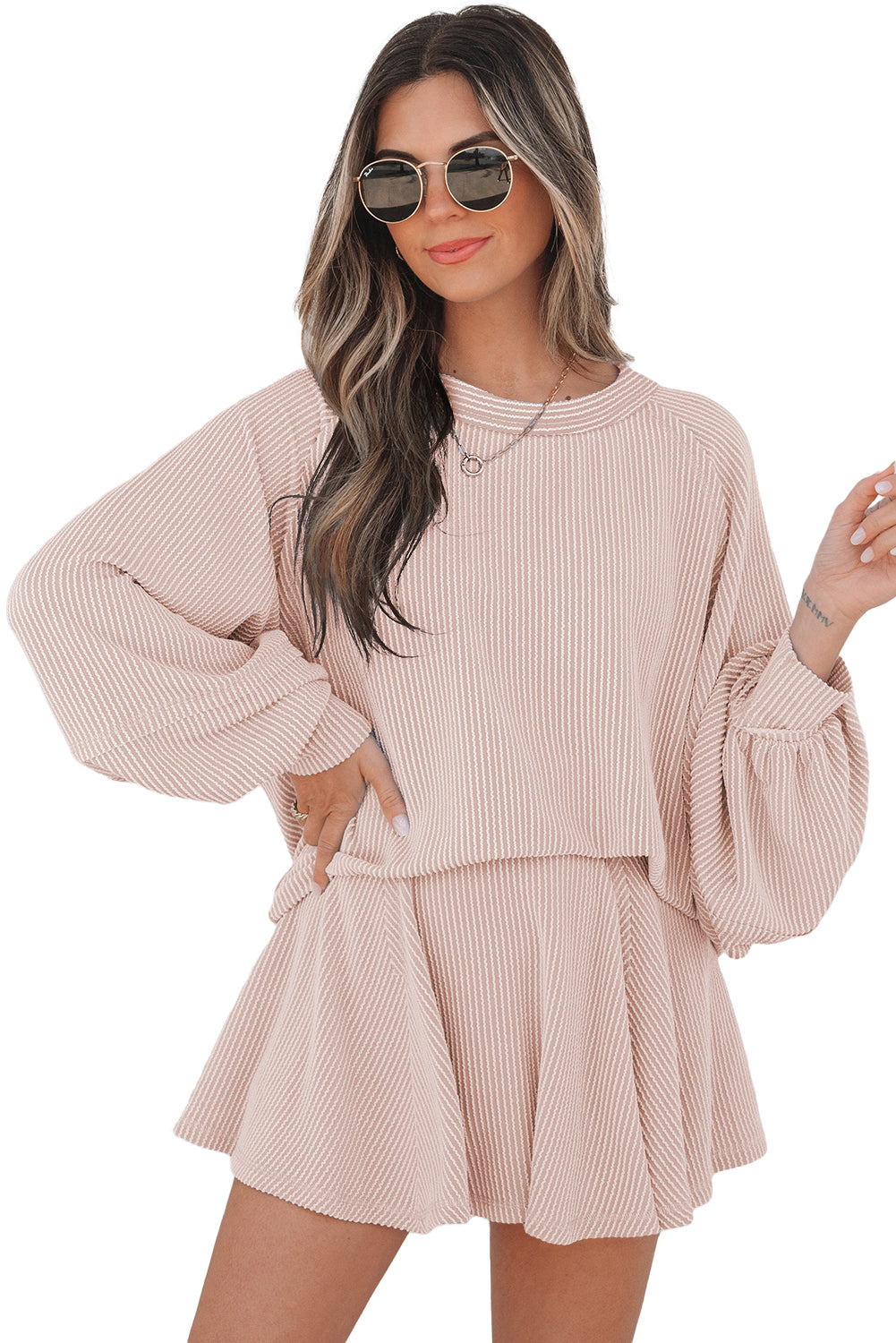 Corded Lantern Sleeve Top High Waist Ruffled Mini Skirt Set