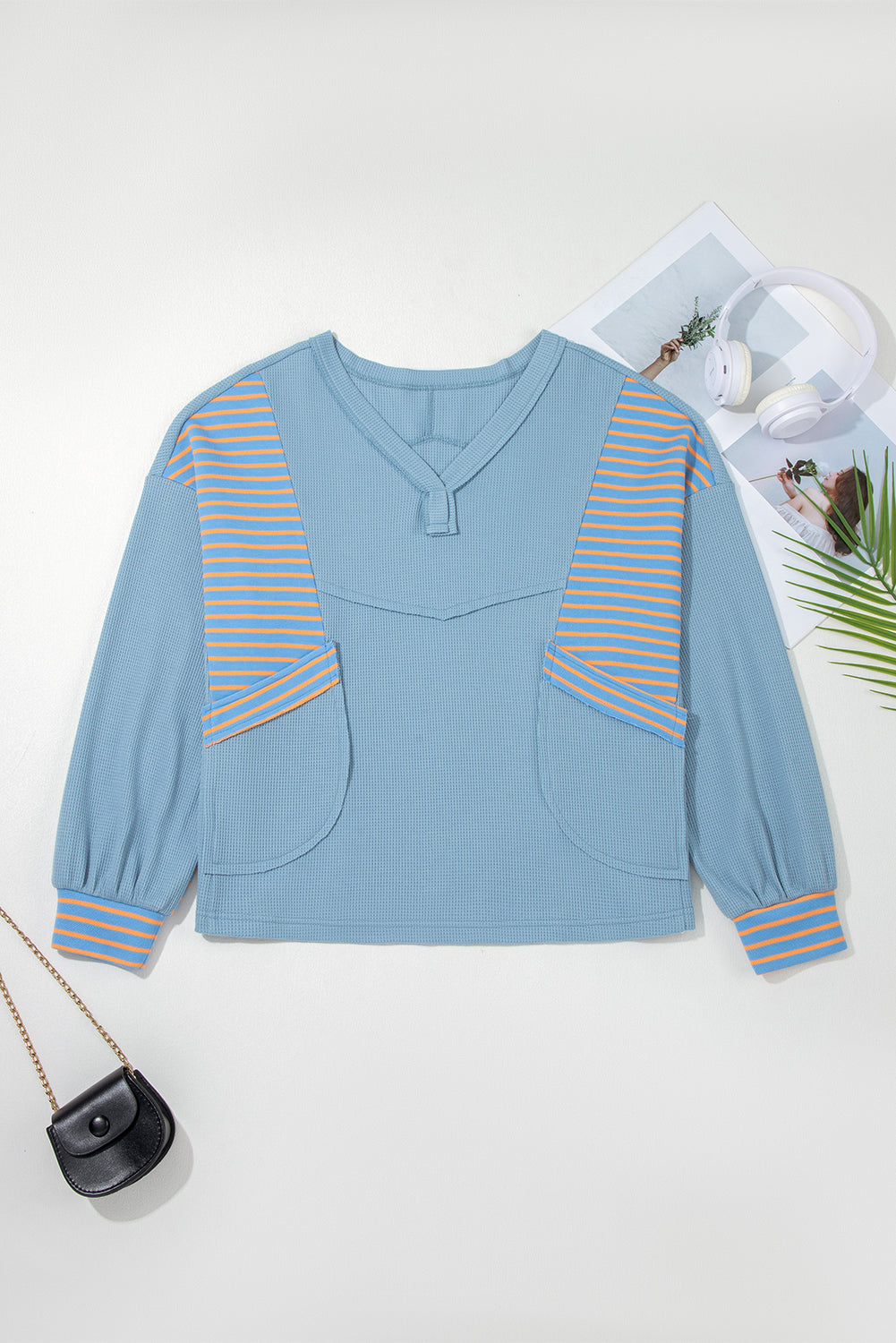 Dusk Blue Waffle Striped Patchwork Pullover