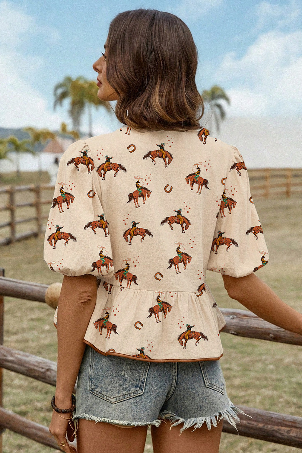 Cowboy Print Puff Sleeve Bowknot Blouse