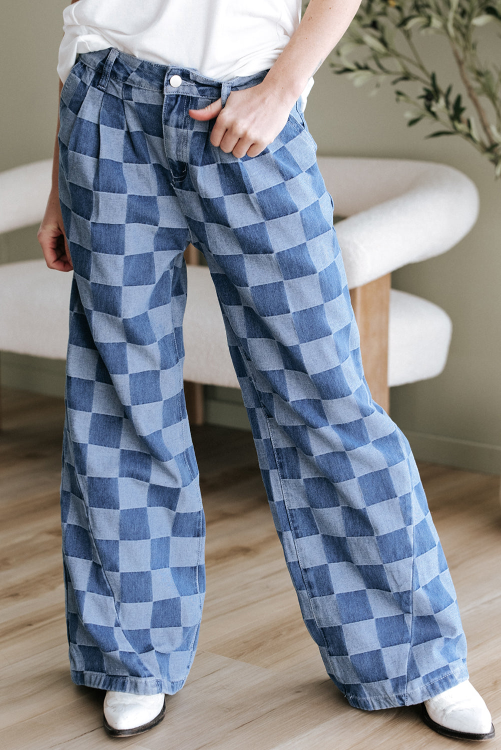 Blue Checkered Denim Wide Leg Jeans