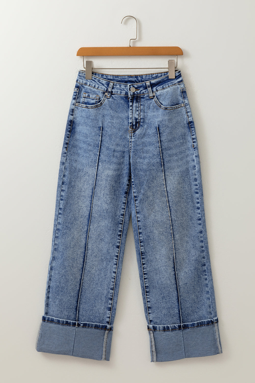 Center Seam Cuffed Straight High Waist Jeans