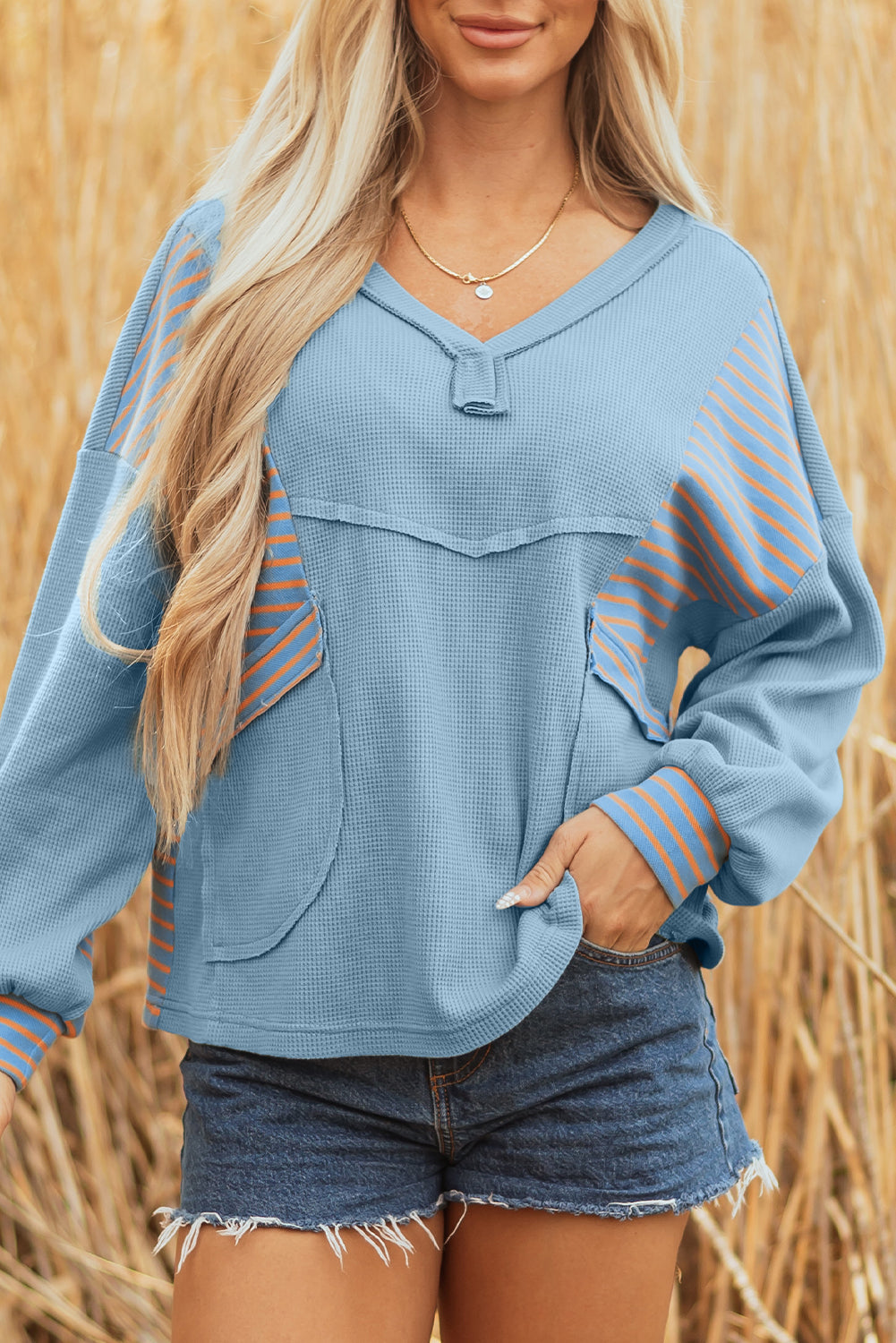 Dusk Blue Waffle Striped Patchwork Pullover