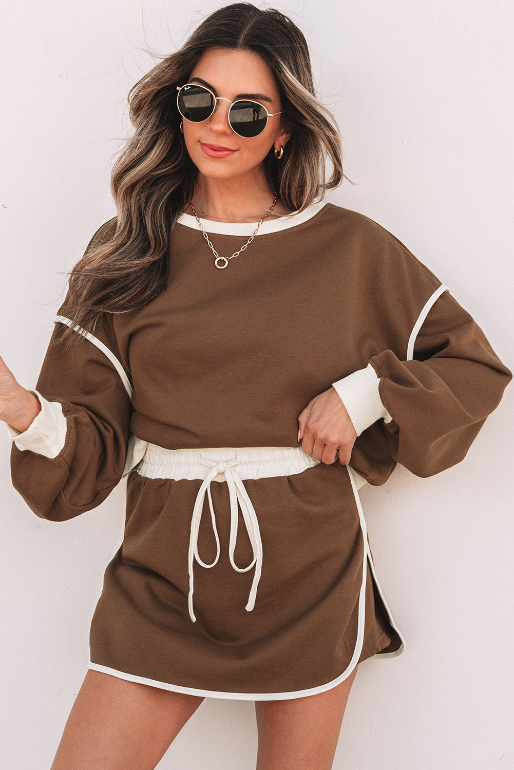 Coffee Loose Pullover and Lace-up Waist Skort Set
