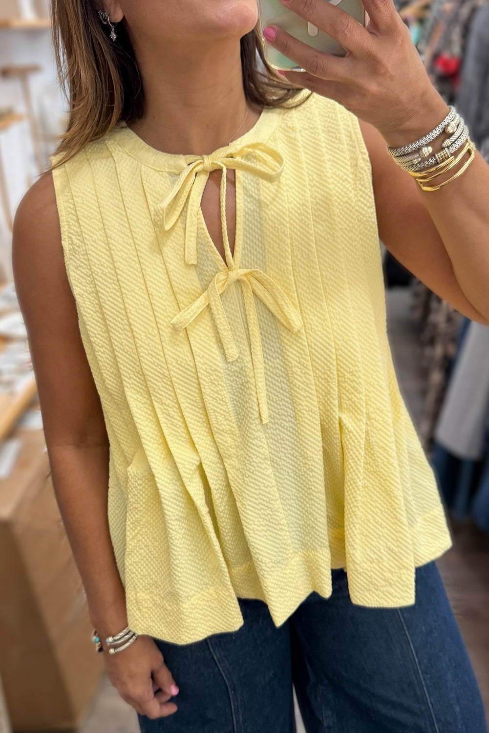 Yellow Bow Tie Notched Neck Pleated Tank Top
