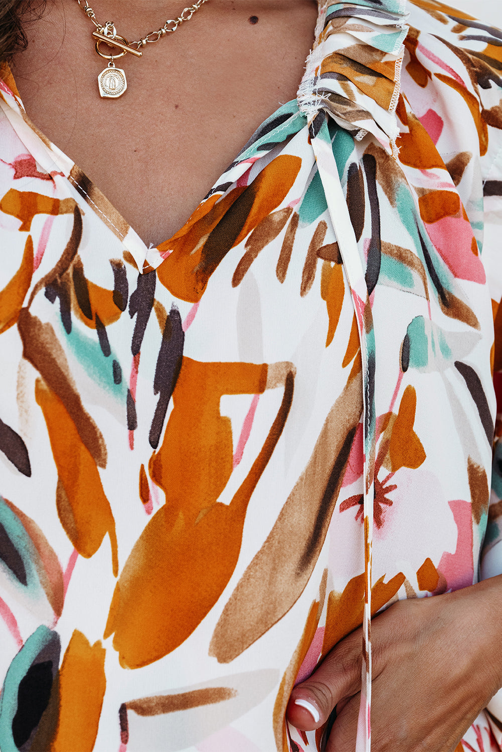 Yellow Abstract Print Drawstring Frilled V Neck Blouse