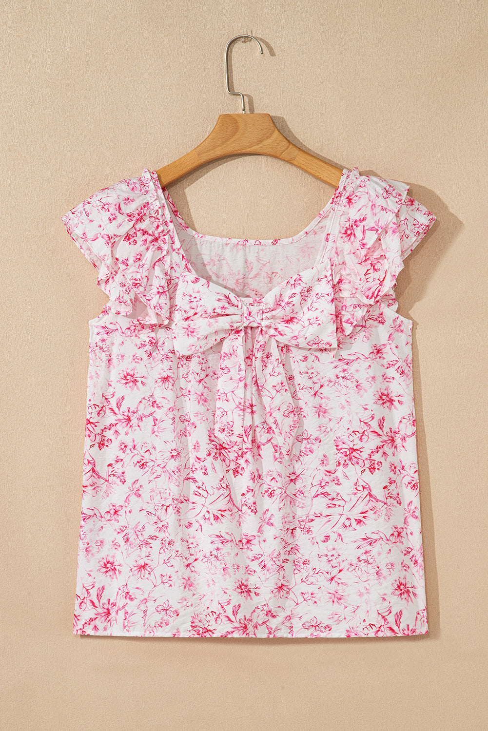 Pink Floral Ruffled Sleeve Bow Blouse