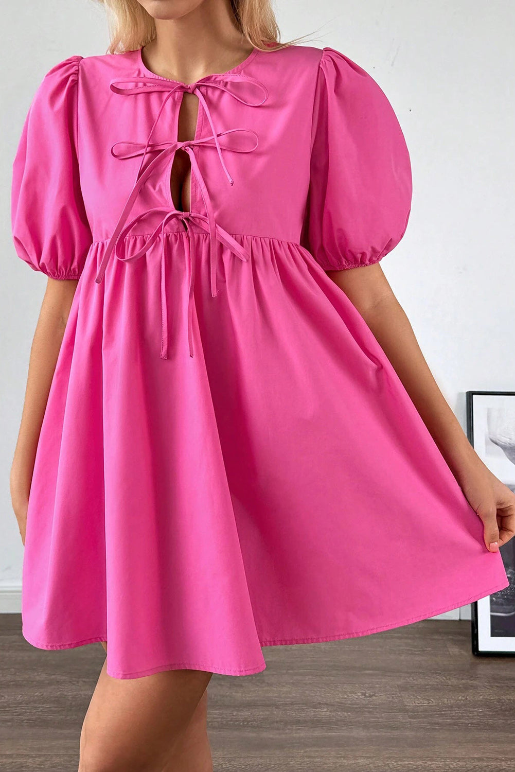 Bright Pink Solid Color Puff Sleeve Mini Dress