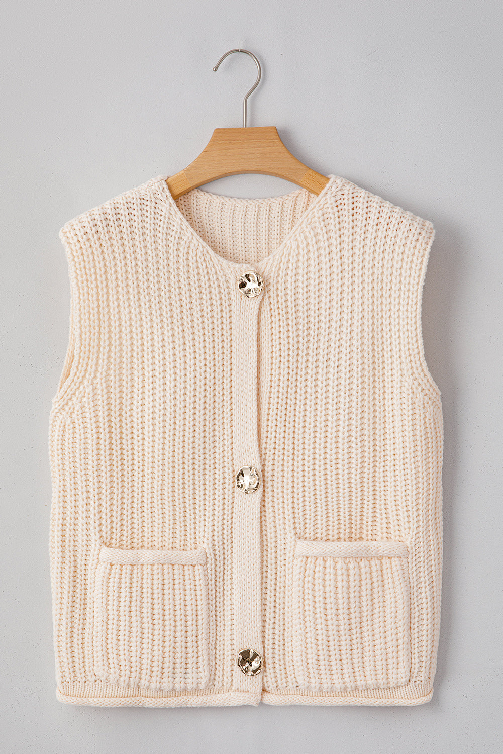 White Solid Textured Knit Buttoned Sweater Vest