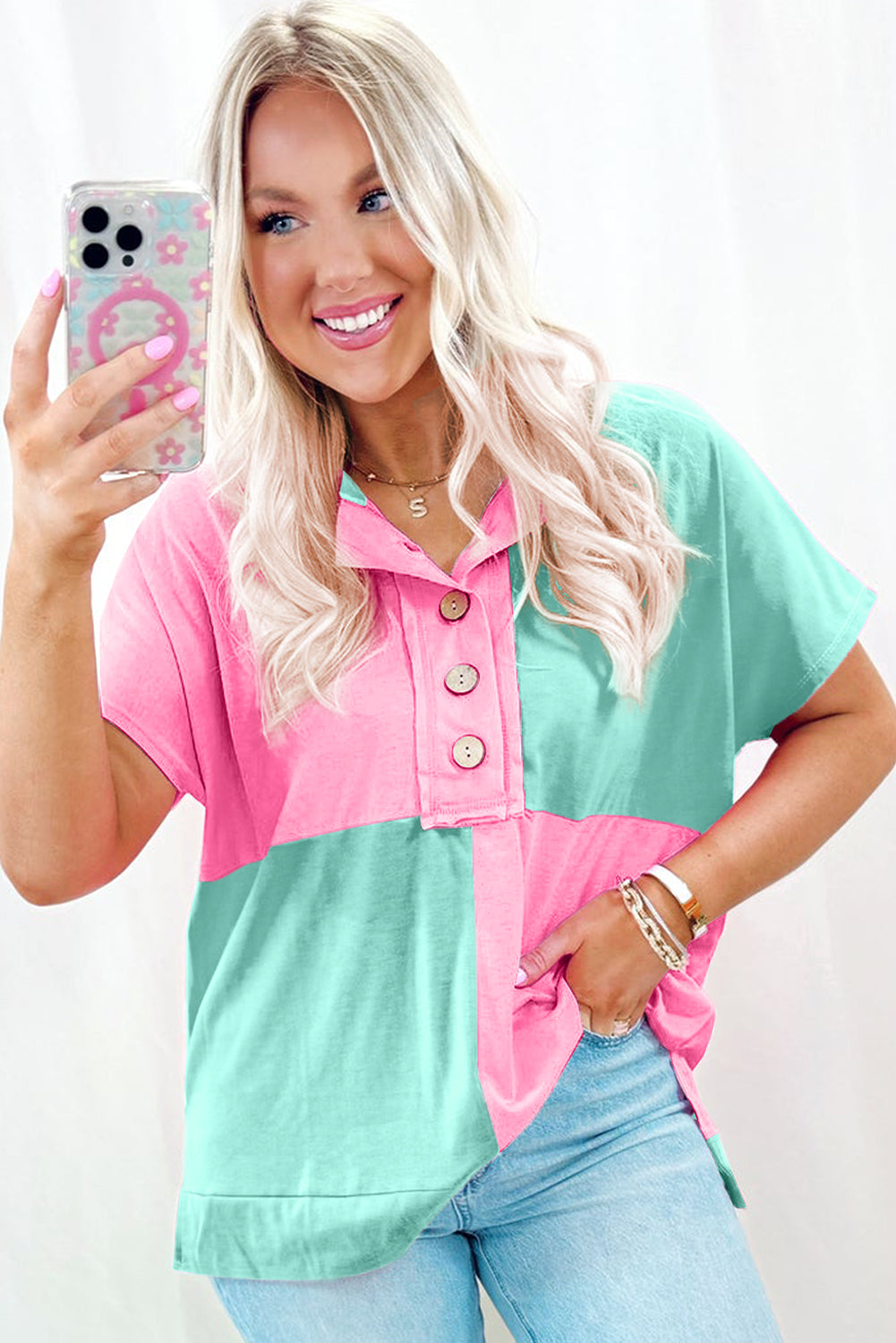 Color Blocked Half Button Collared T Shirt
