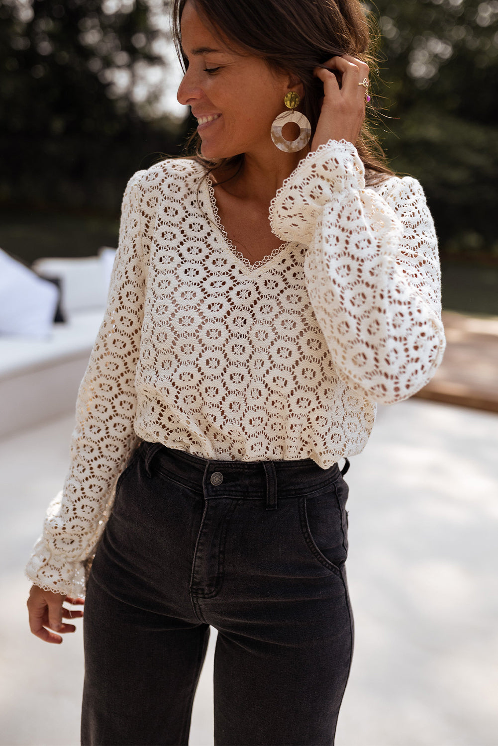 Beige Flower Lace Ruffled Top