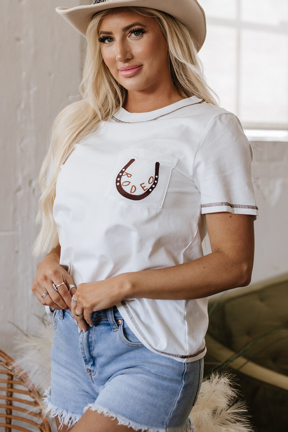 Rodeo Horseshoe Embroidered Patch T Shirt