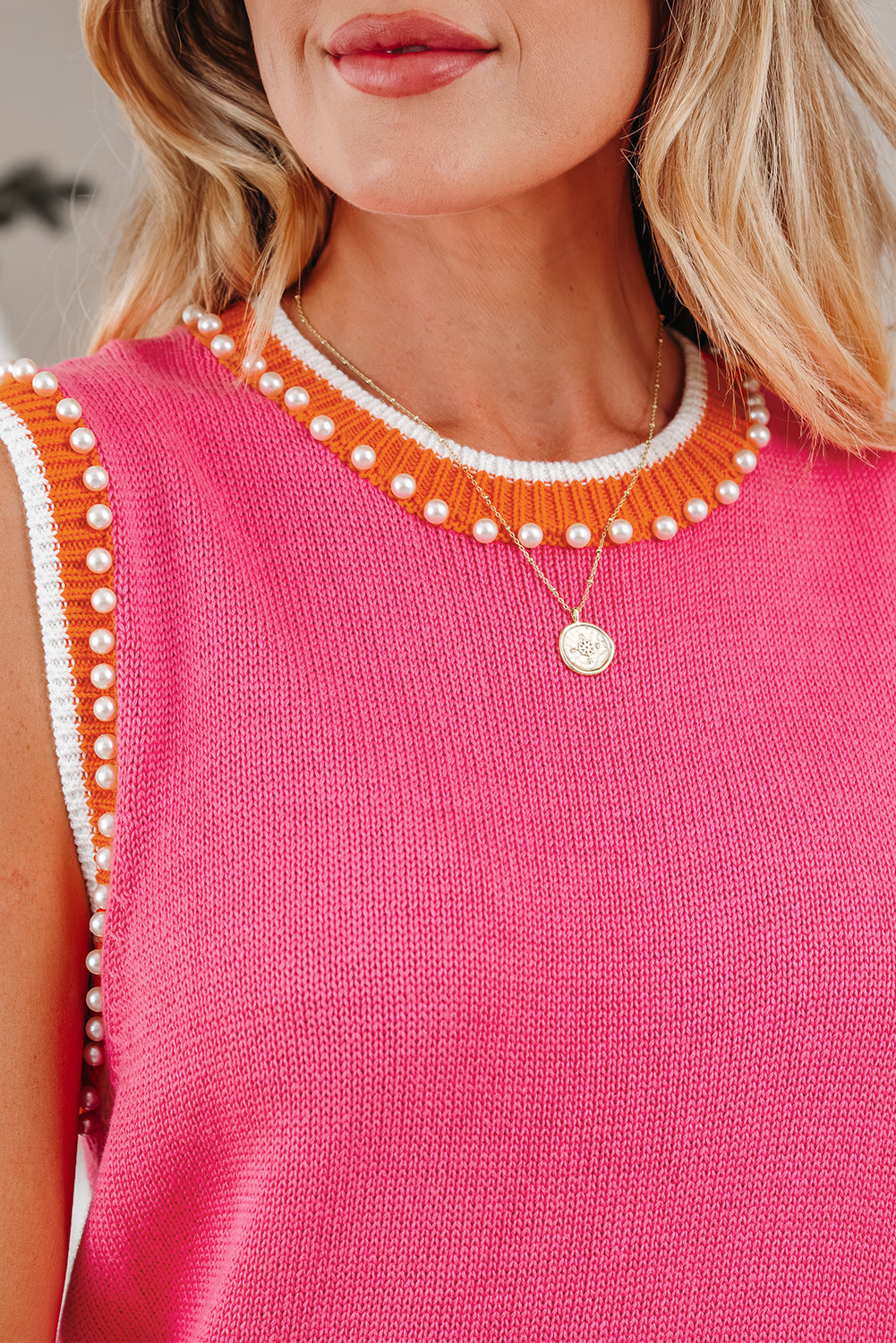 Bright Pink Pearl Detail Sweater Tank Top