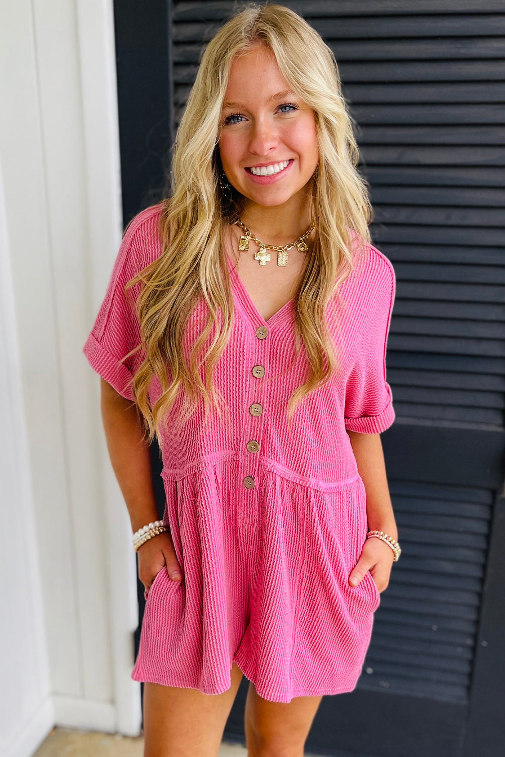 Pink Ribbed Short Sleeve V Neck Buttoned Romper