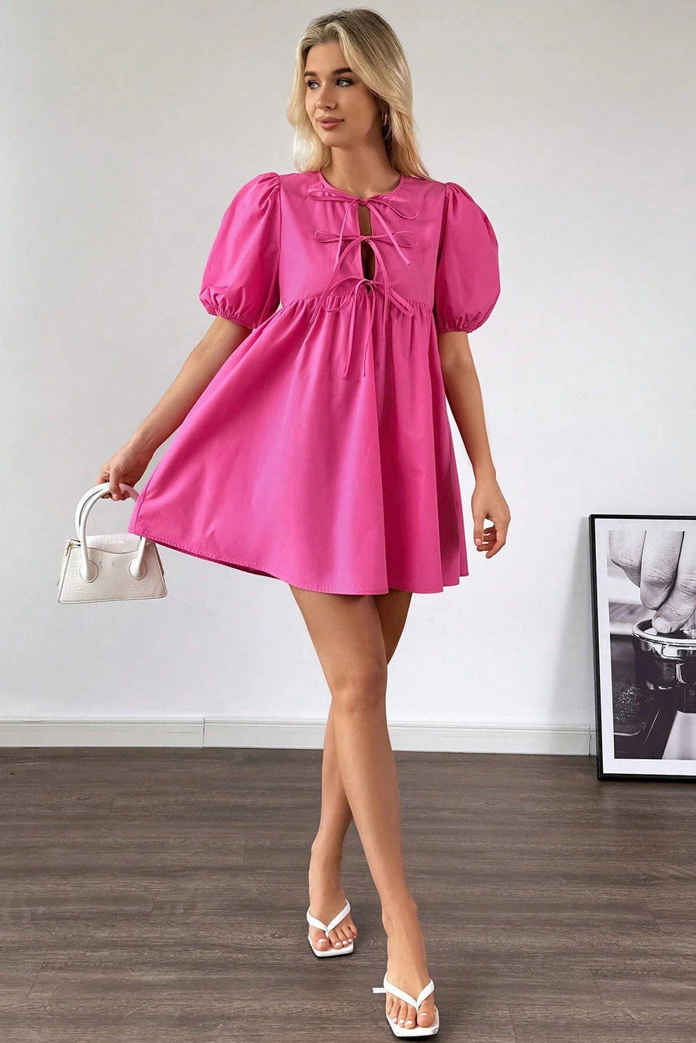 Bright Pink Solid Color Puff Sleeve Mini Dress