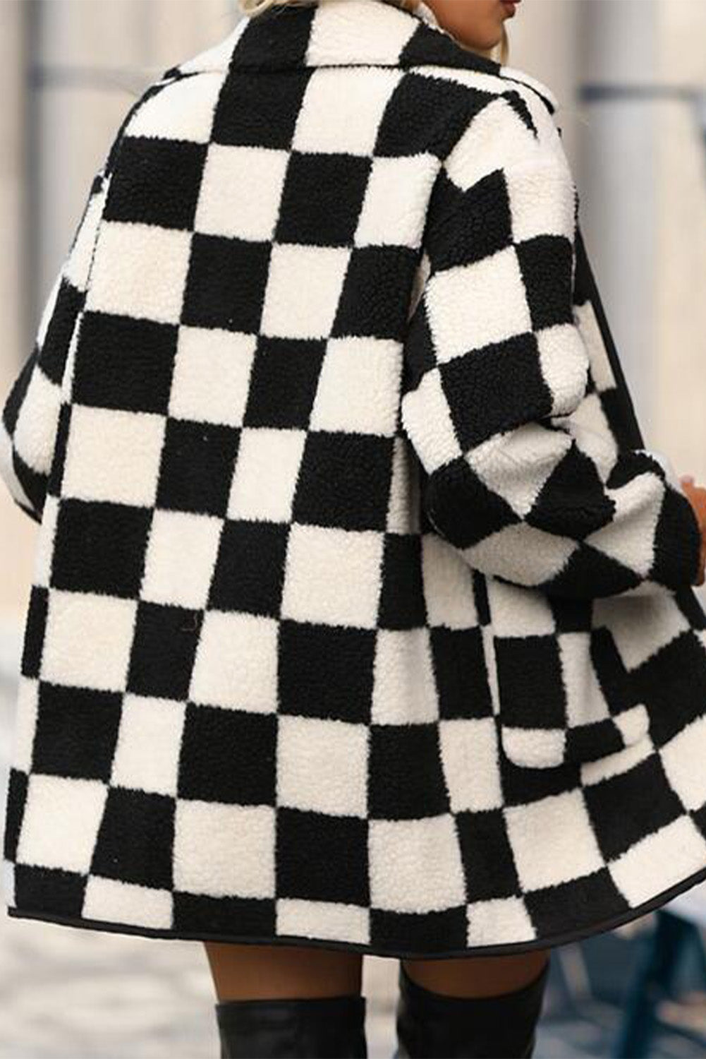 Black Checkered Buttoned Fleece Jacket