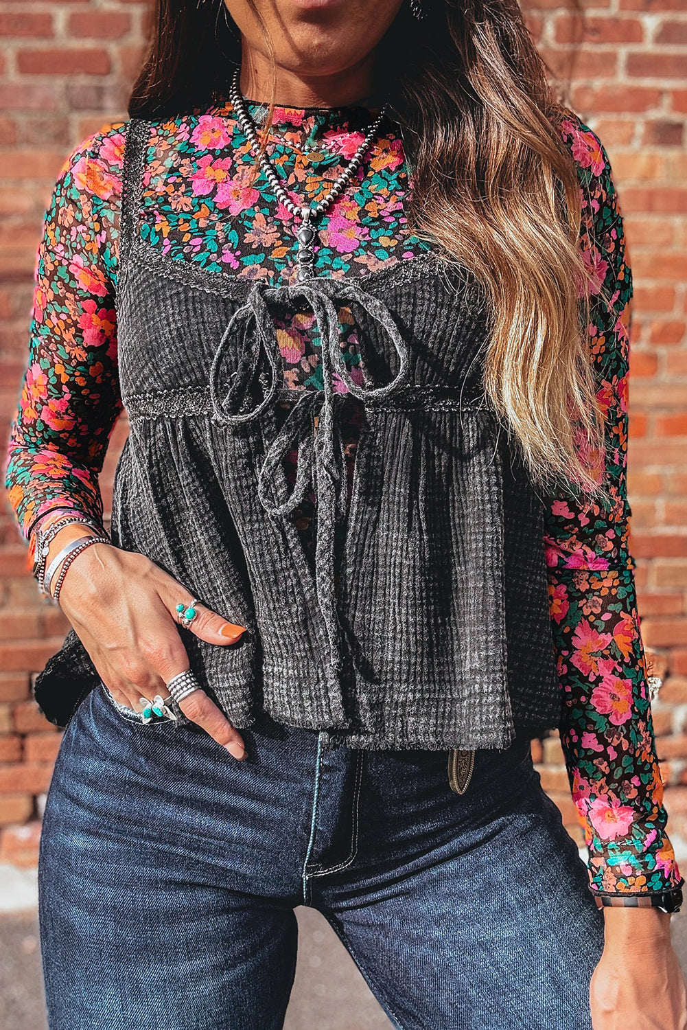 Floral Mesh Mock Neck Top