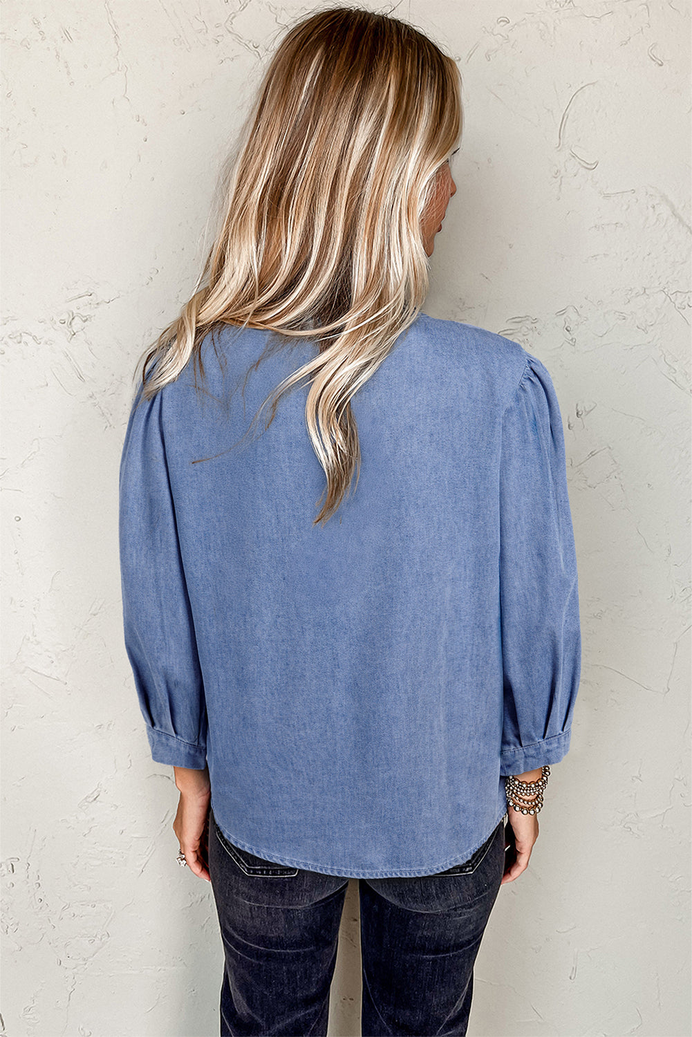 Denim Front Pintuck Bow Tie Puff Top