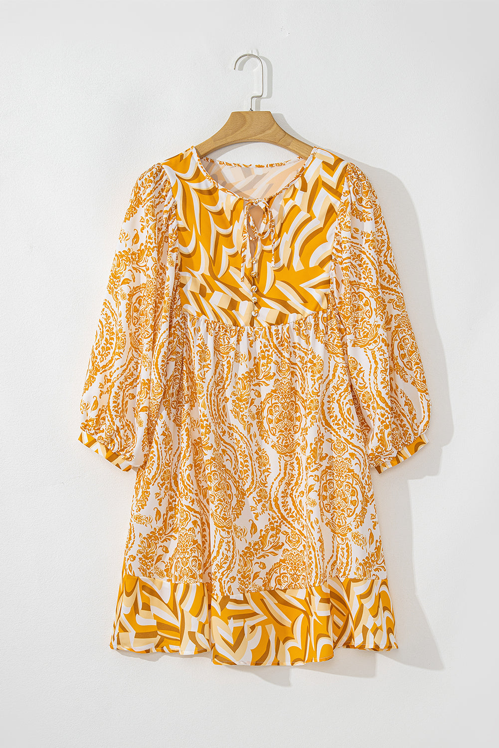 Orange Bohemian Print Puff Sleeve Mini Dress
