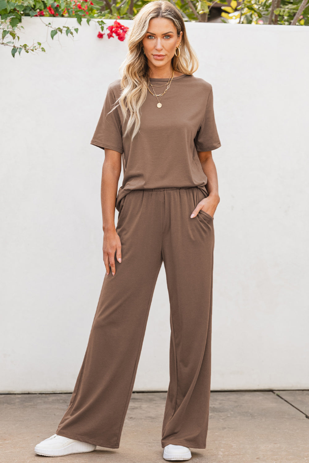Smoke Gray Solid Color T Shirt Wide Leg Pants Set
