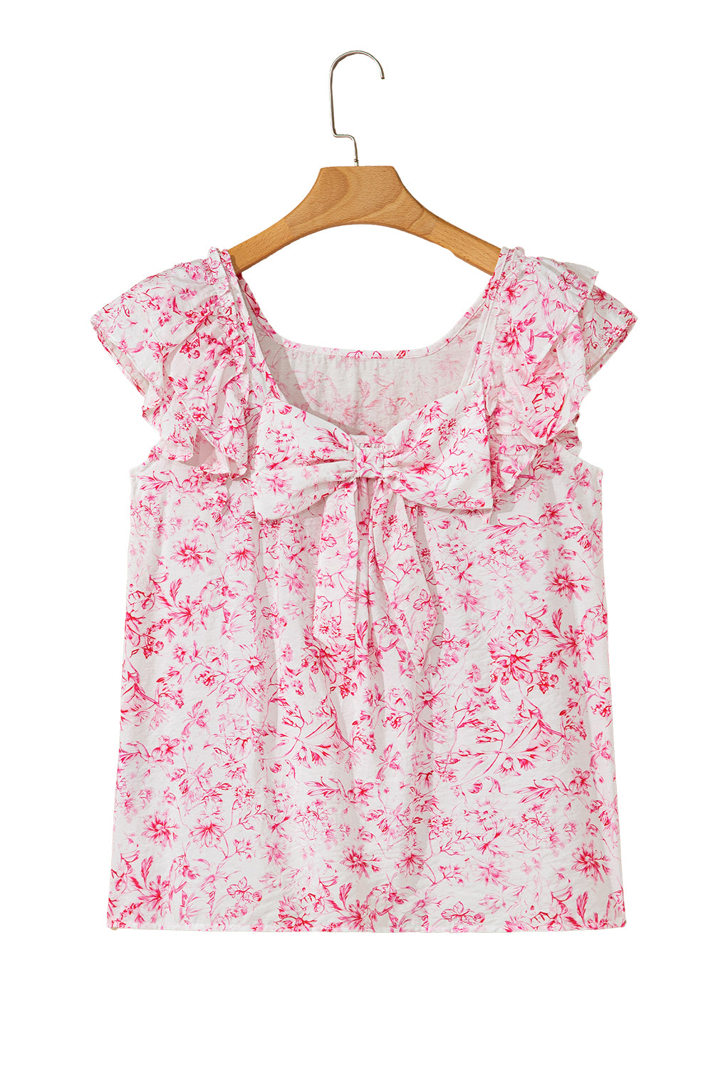 Pink Floral Ruffled Sleeve Bow Blouse