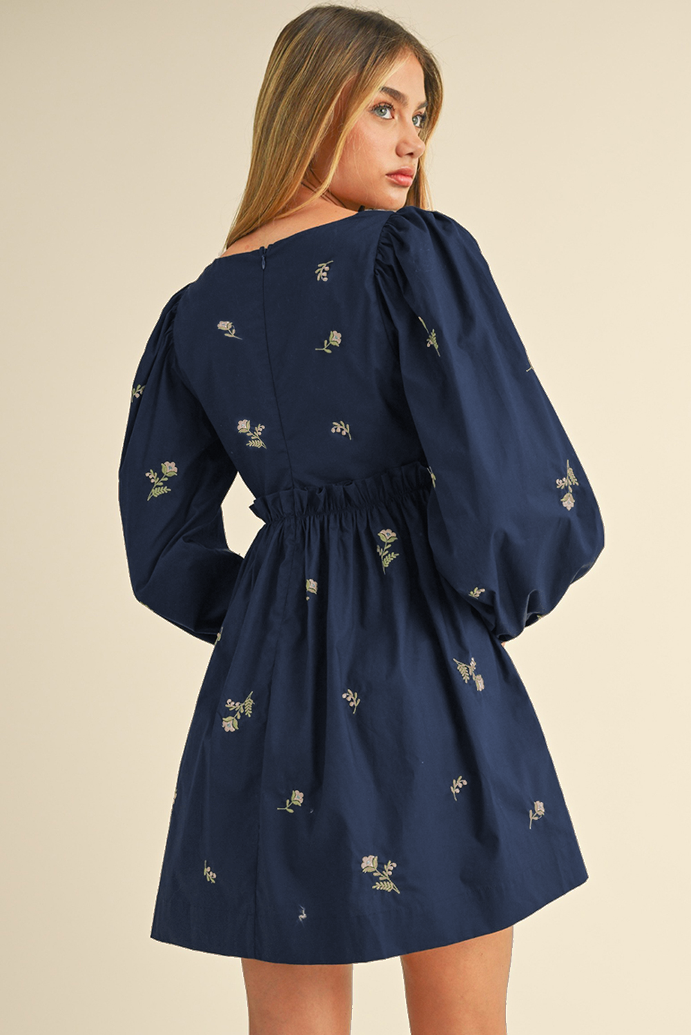 Blue Floral Embroidered Puff Sleeve Ruffled Mini Dress