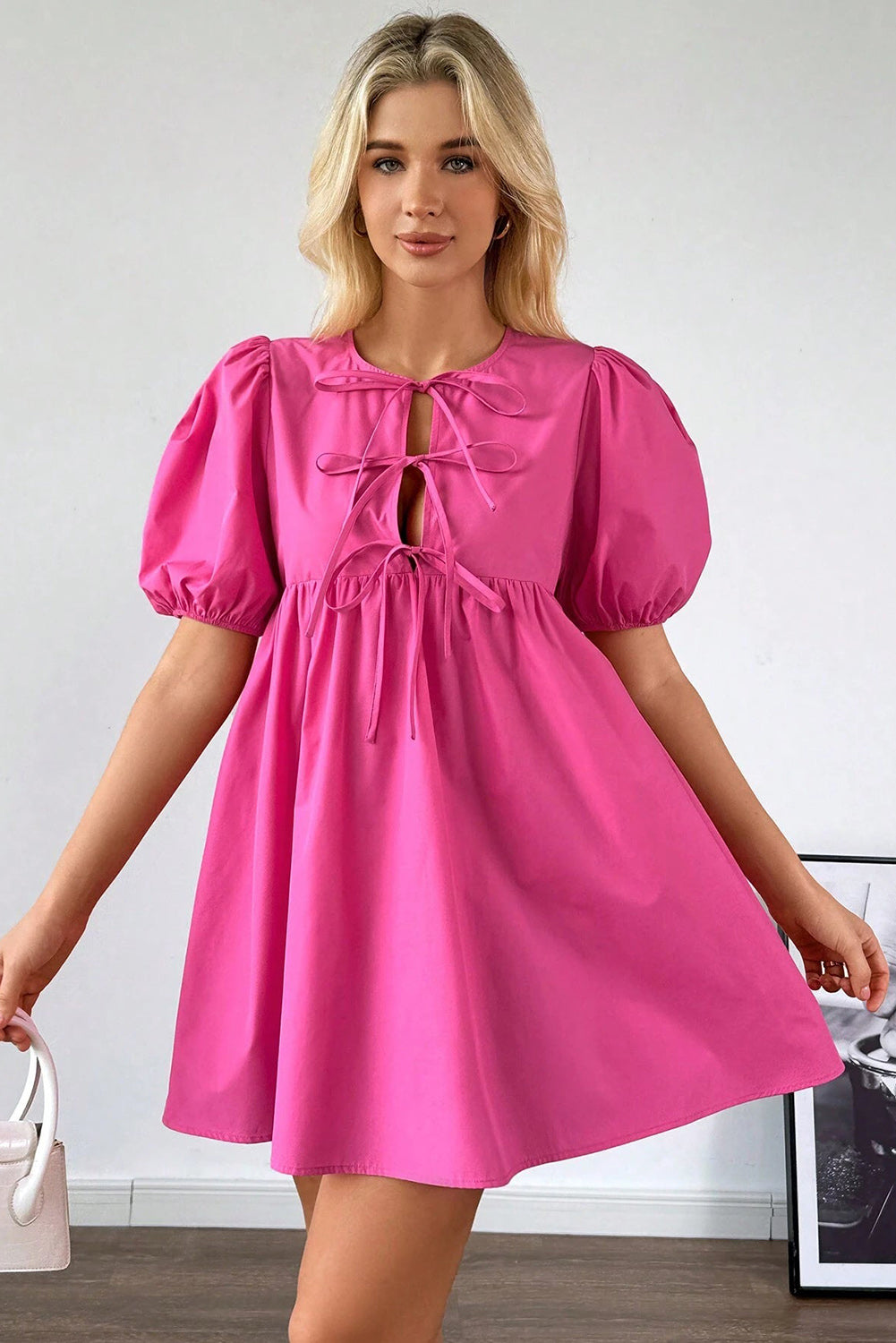 Bright Pink Solid Color Puff Sleeve Mini Dress
