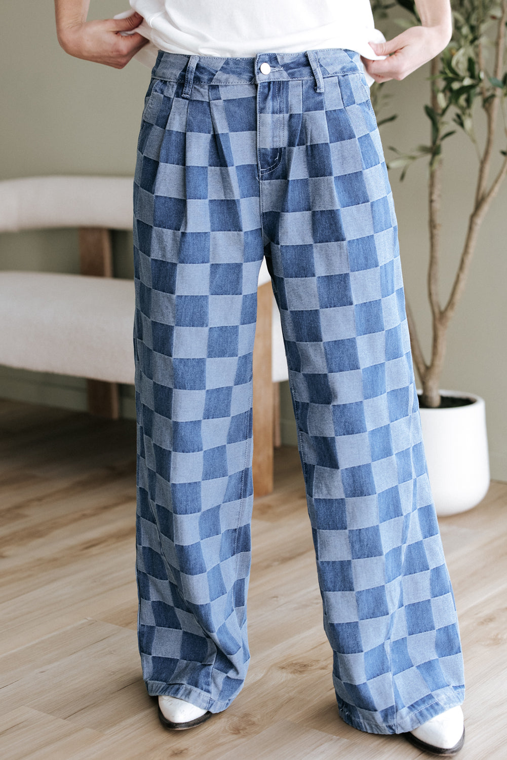 Blue Checkered Denim Wide Leg Jeans