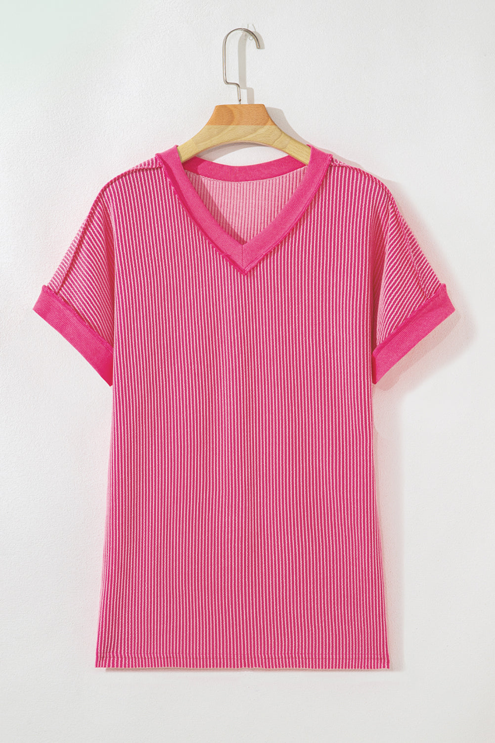 Rose Twisted Ribbed Knit V Neck Casual Tee