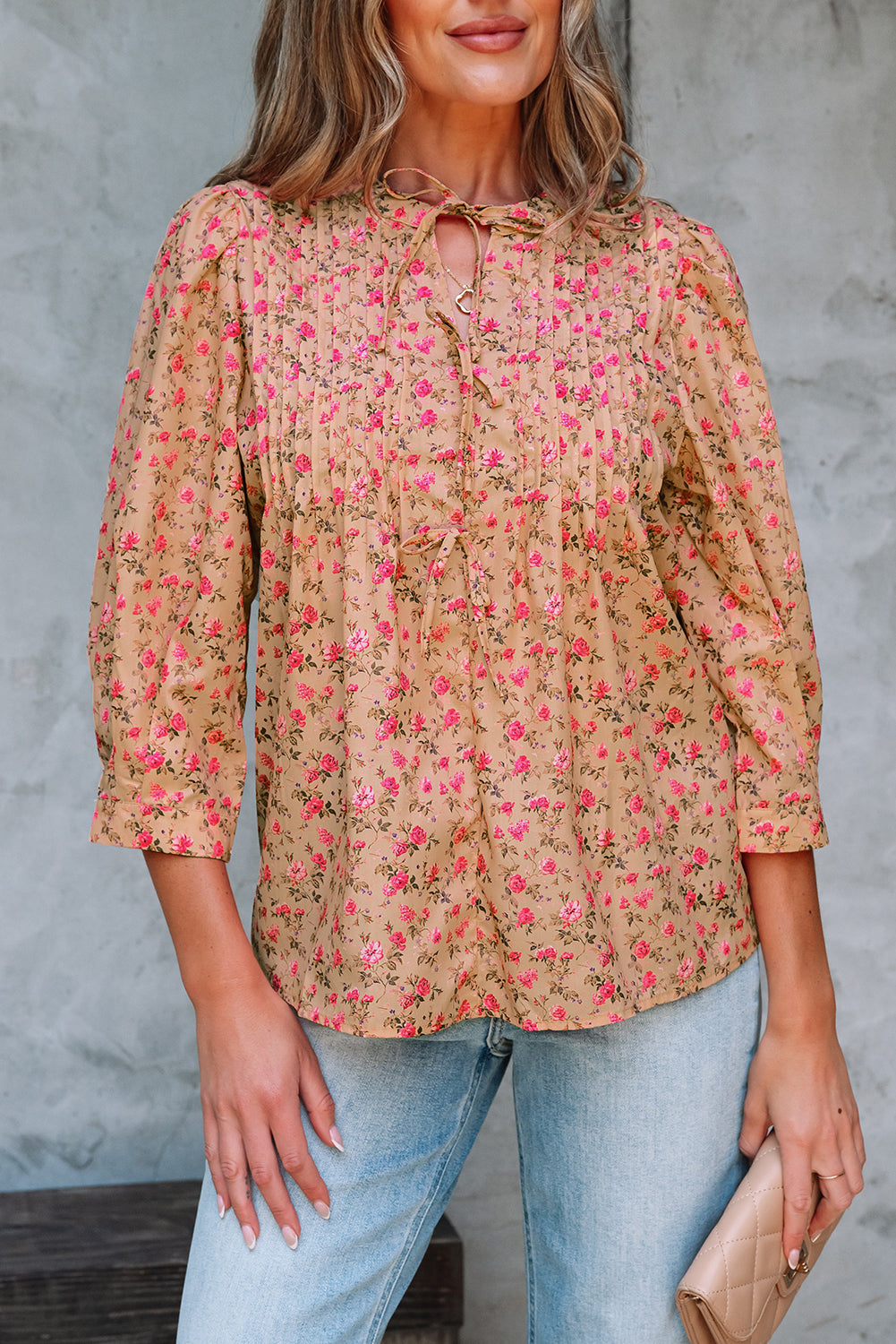Floral Print Bow Pintuck Bust Half Puff Sleeve Blouse