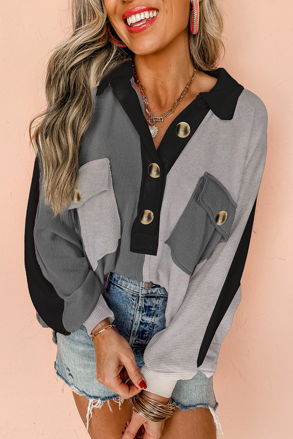 Gray Colorblock Ribbed Oversized Sweatshirt