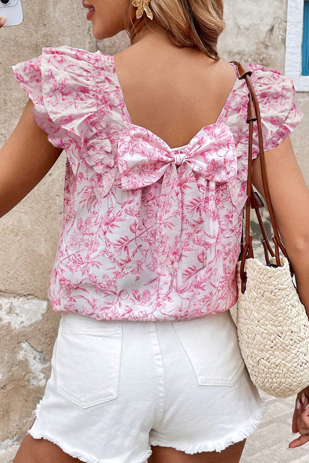 Pink Floral Ruffled Sleeve Bow Blouse