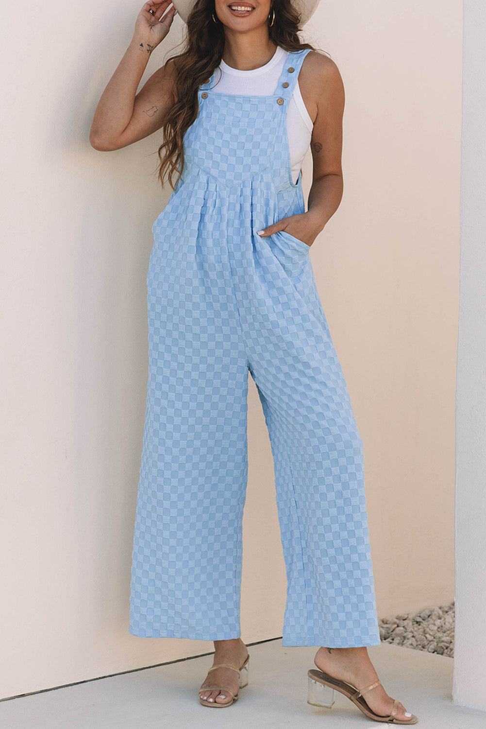 Blue Checkered Pocketed High Waist Wide Leg Overall