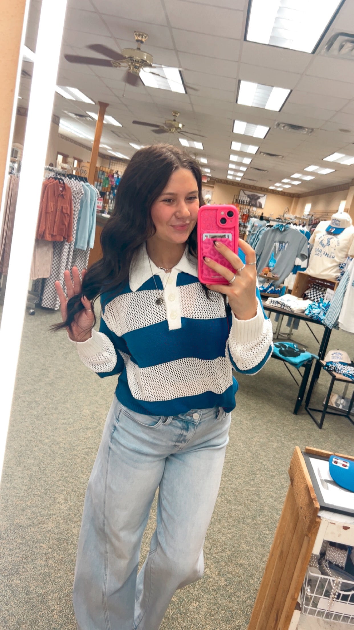 Blue Stripe Colorblock Crochet Knitted Sweater