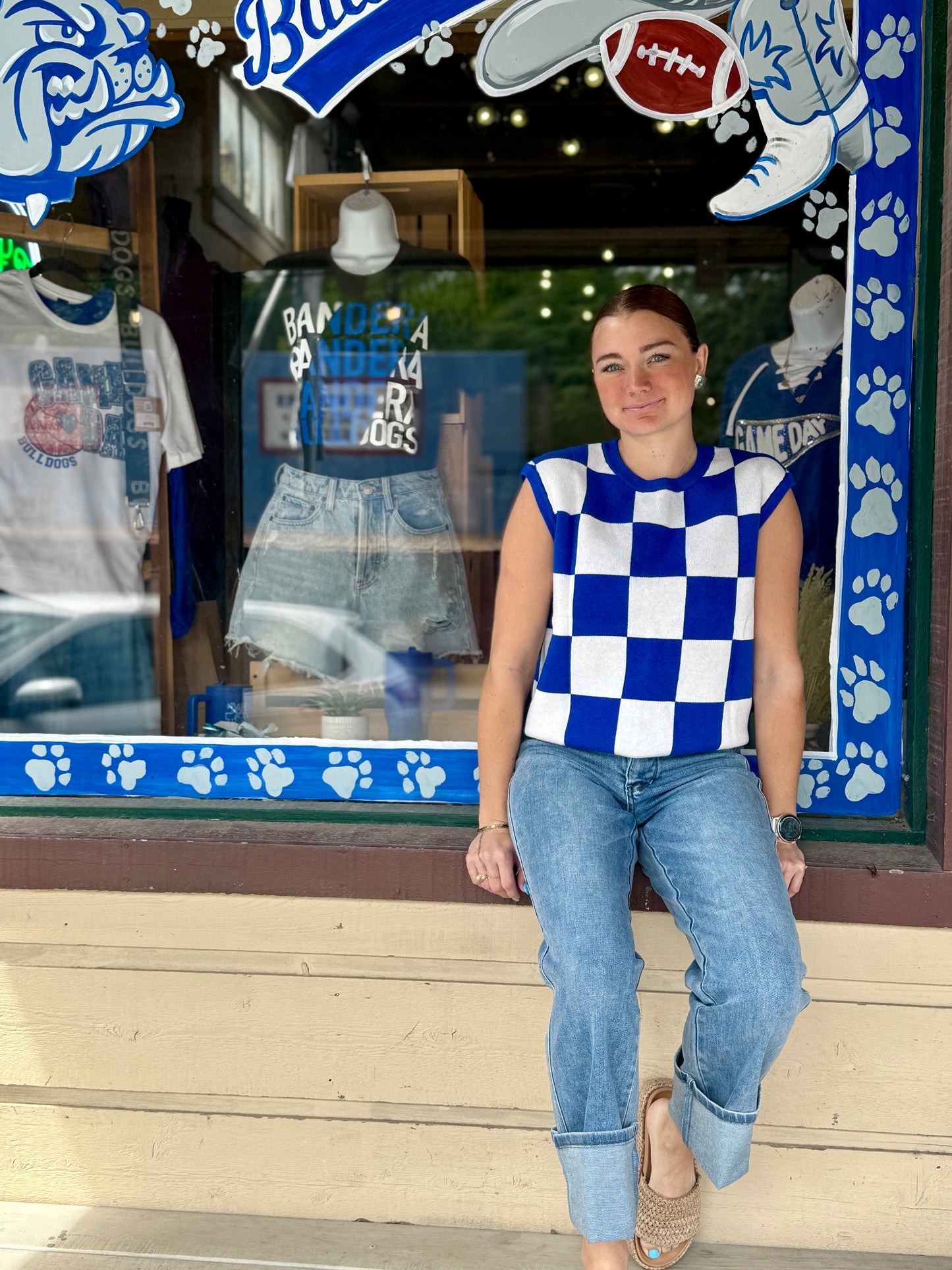 Dark Blue Cherckerboard Round Neck Sweater Vest