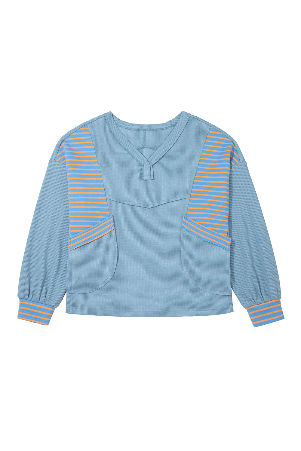 Dusk Blue Waffle Striped Patchwork Pullover