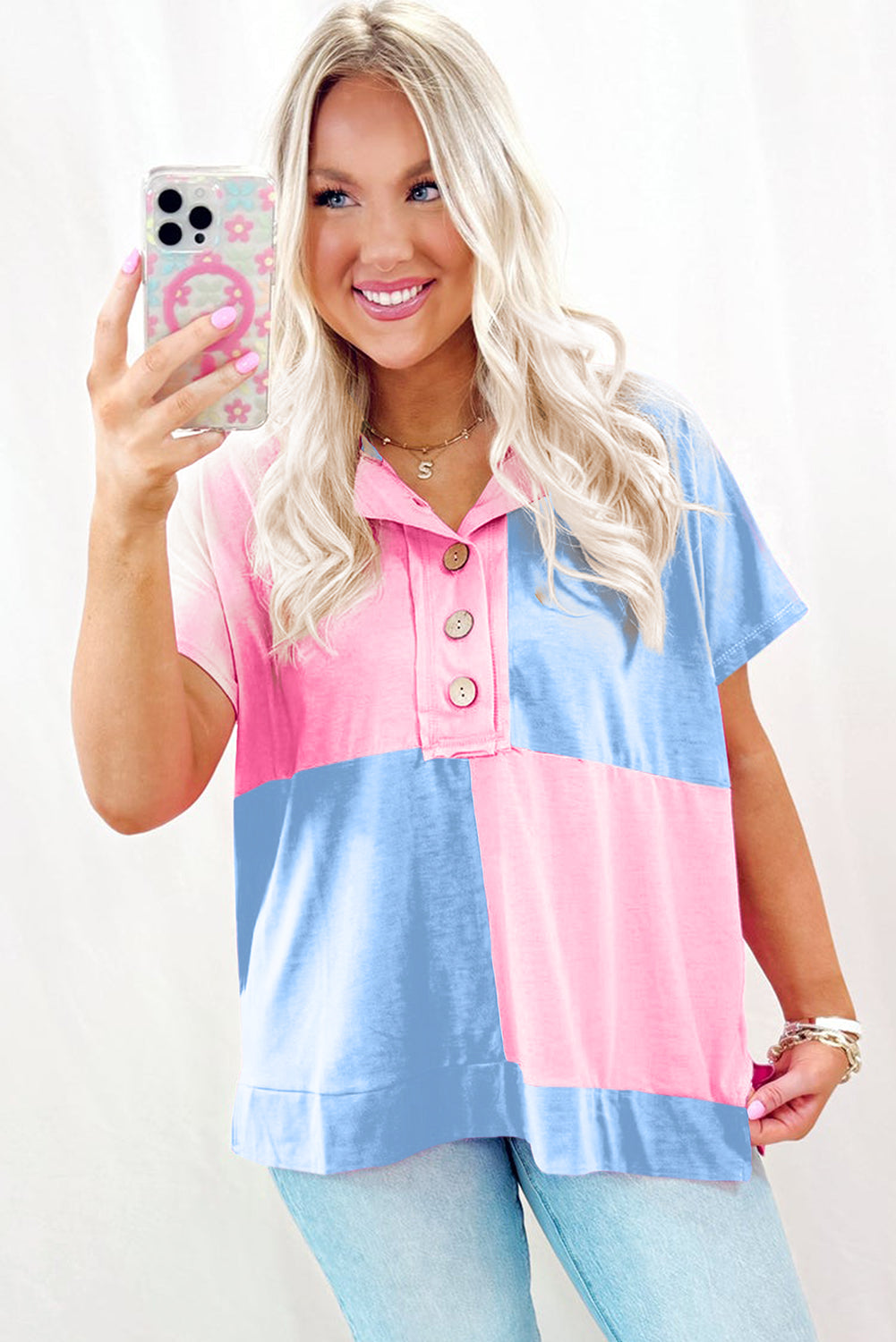 Color Blocked Half Button Collared T Shirt