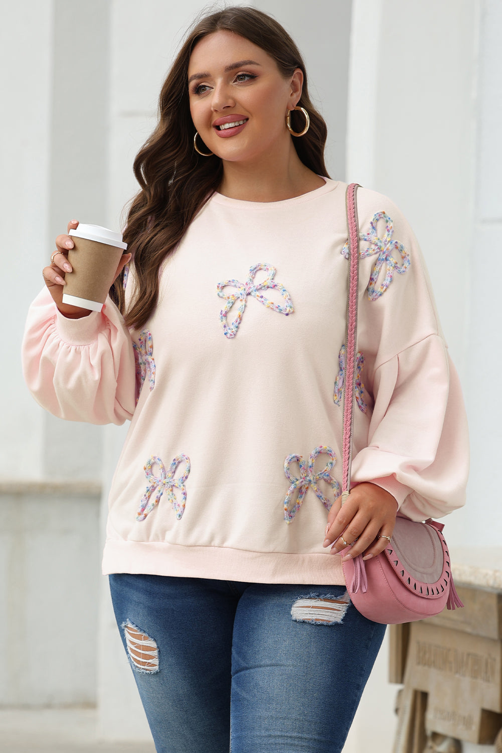 Embroidered Bow Lantern Sleeve Oversized Pullover
