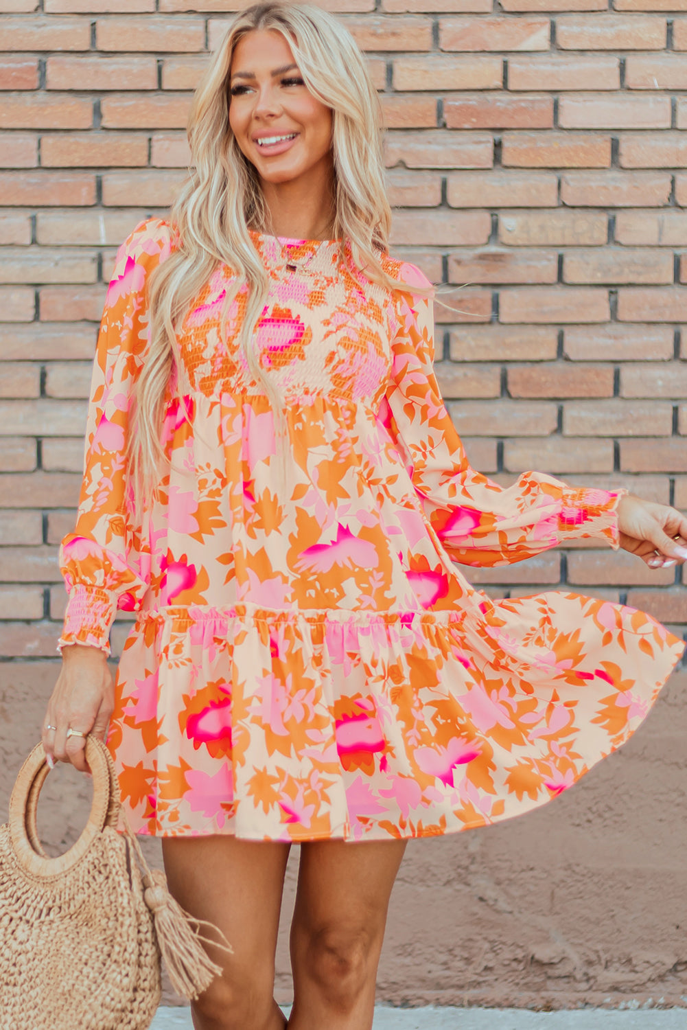 Orange Abstract Print Smocked Mini Dress