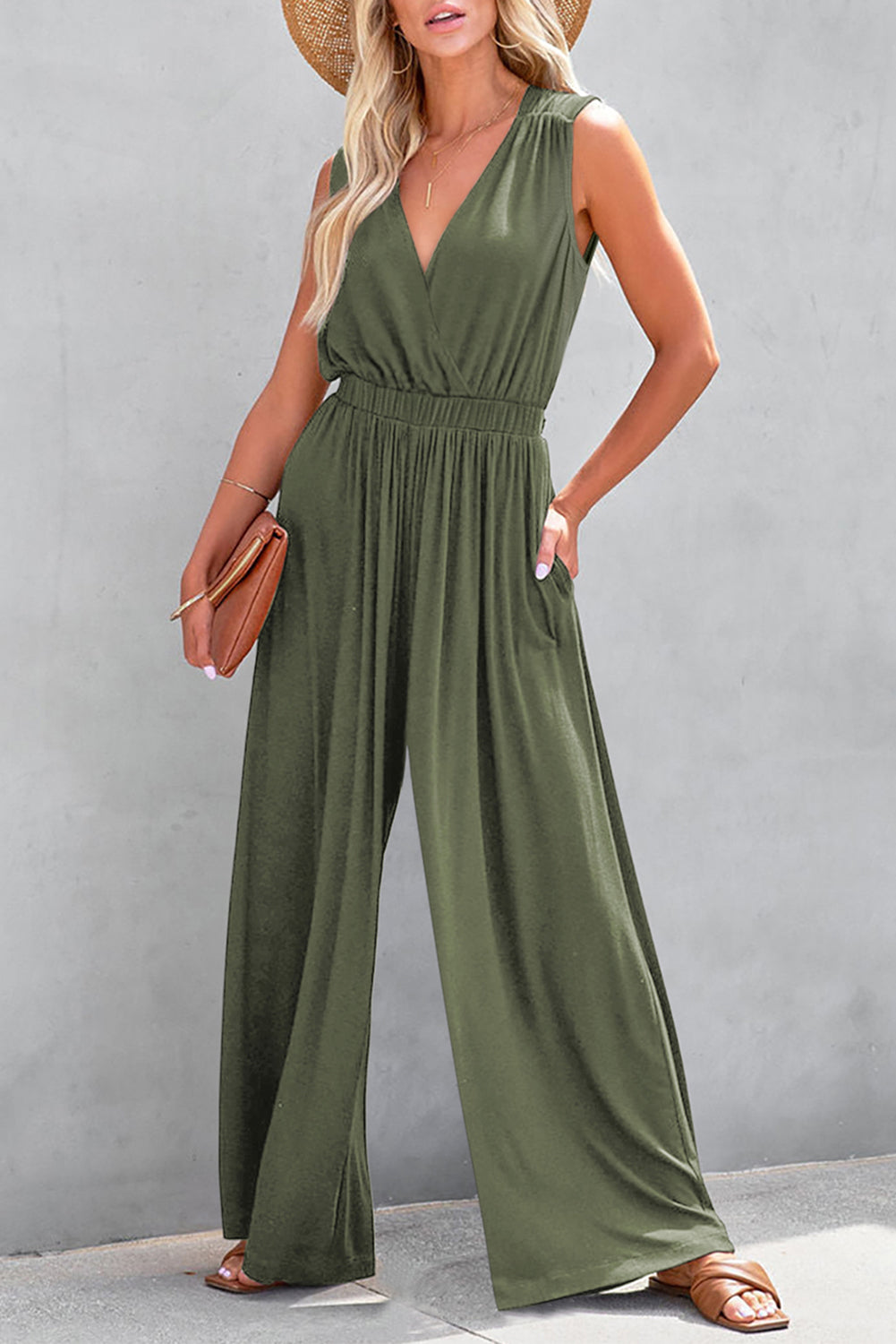 Green Deep V Pleated Crisscross Wide Leg Backless Jumpsuit