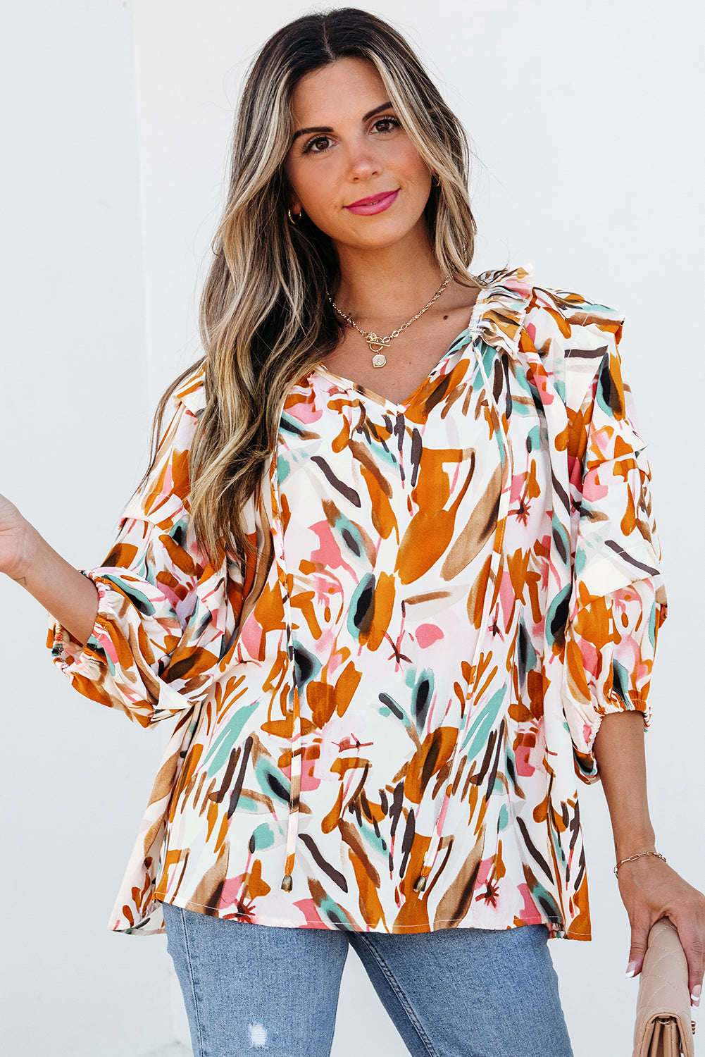 Yellow Abstract Print Drawstring Frilled V Neck Blouse