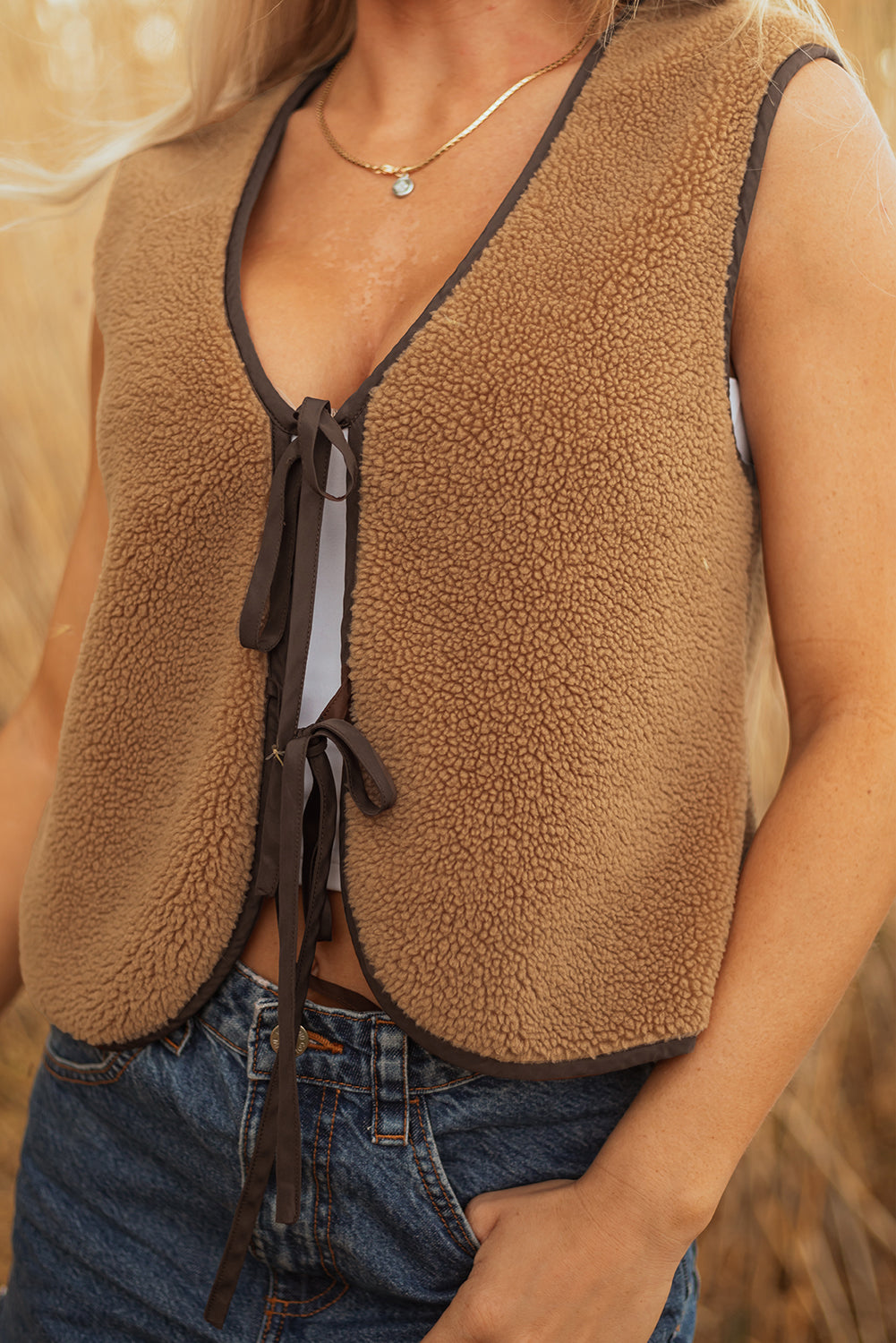 Beige Tie Front Vest