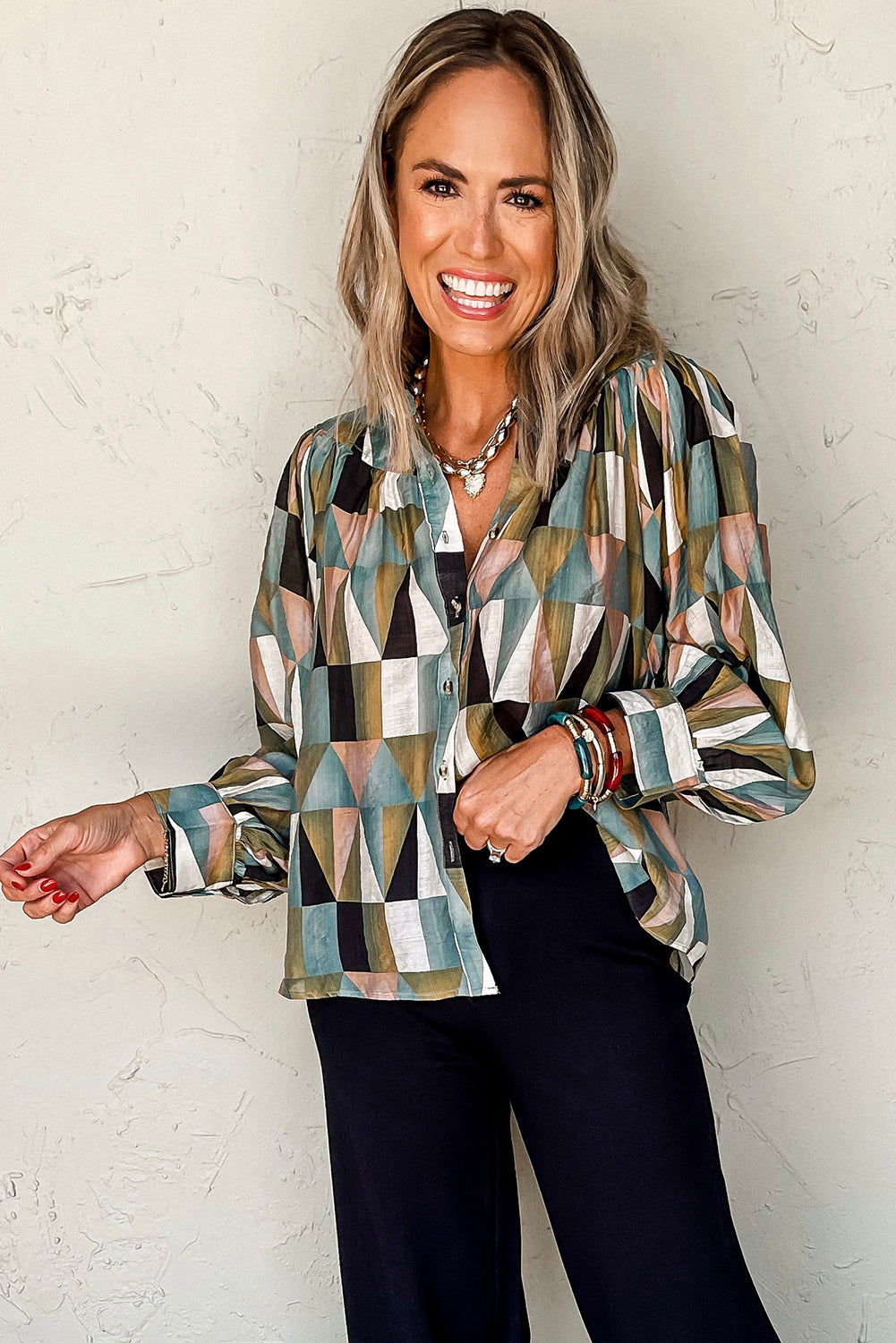Green Geometric Print Buttoned Balloon Sleeve Blouse