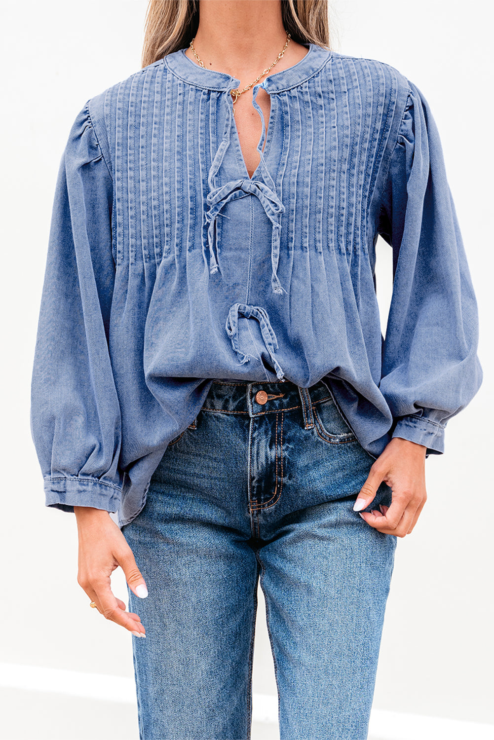 Denim Front Pintuck Bow Tie Puff Top