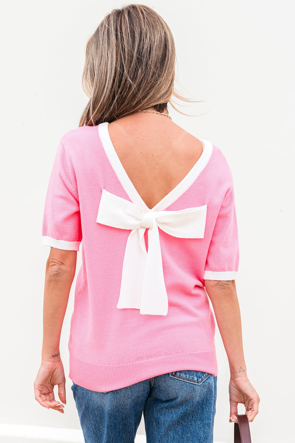 Colorblock Bow V-Shape Cut Short Sleeve Sweater