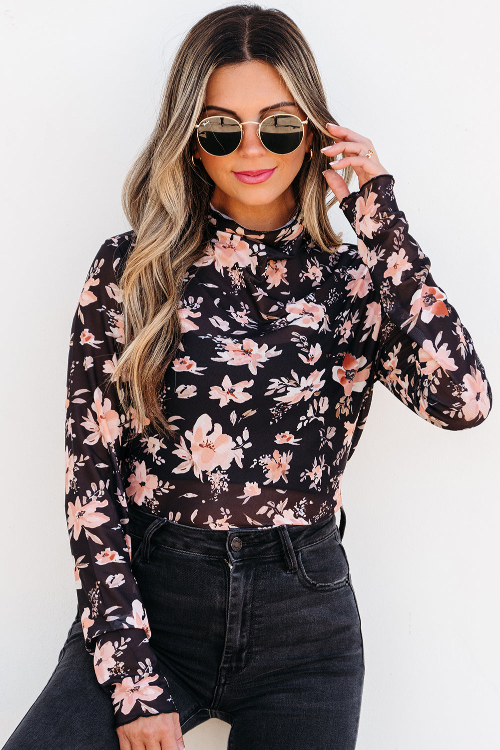 Black Floral Mesh Mock Neck Long Sleeve Top