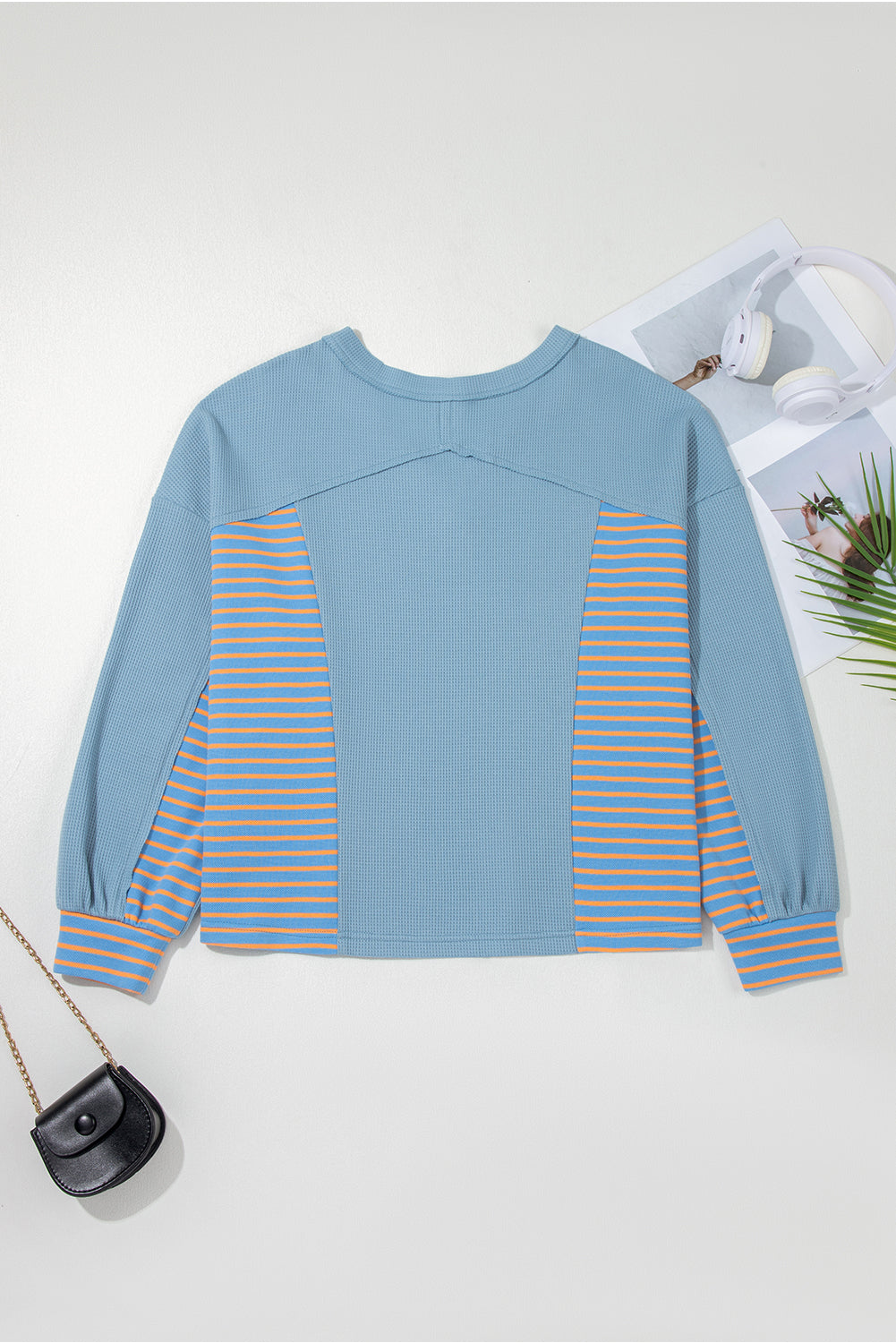 Dusk Blue Waffle Striped Patchwork Pullover
