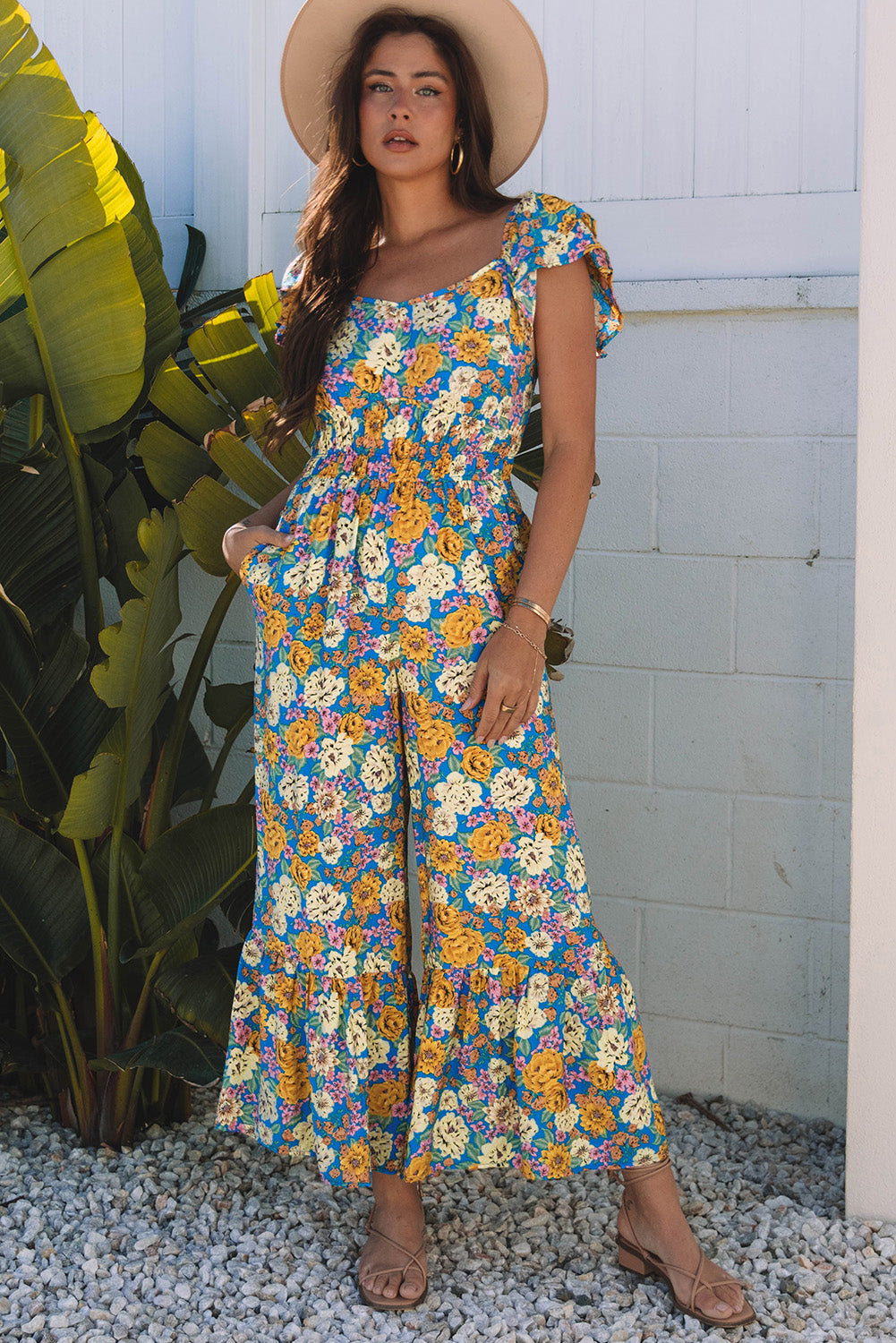 Yellow Floral Shirred Cut Out High Waist Jumpsuit