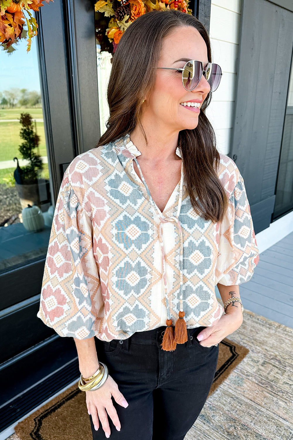 Geometric Print Tassel Blouse