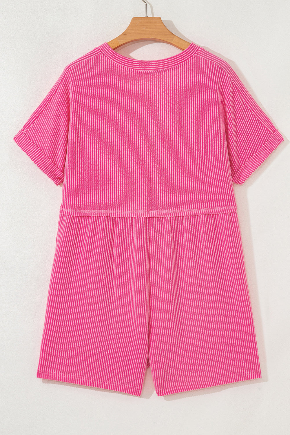 Pink Ribbed Short Sleeve V Neck Buttoned Romper